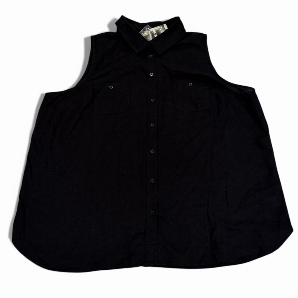 Kim Rogers Women's Shirt Large Sleeveless Top Button Up Blouse Black Linen Blend